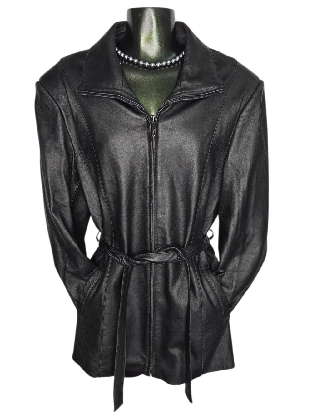 Vintage Women's Hugo Boss Black Leather Jacket Zip-Up Waist Tie Size XXL